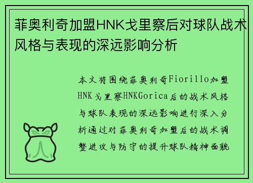 菲奥利奇加盟HNK戈里察后对球队战术风格与表现的深远影响分析