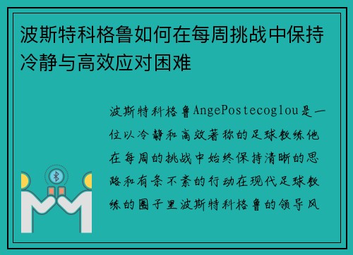 波斯特科格鲁如何在每周挑战中保持冷静与高效应对困难
